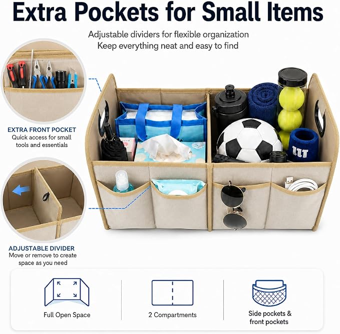 PAT SAM'S Trunk Organizer for SUV, Collapsible Car Trunk Organizer with Dividers, Waterproof 600D Oxford, Non-Slip Storage Organizer for Groceries, Tools, Travel, Truck & Car (Beige)