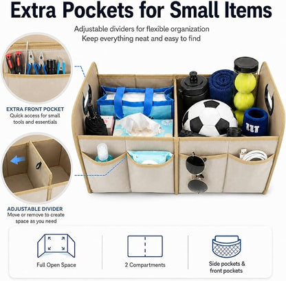 PAT SAM'S Trunk Organizer for SUV, Collapsible Car Trunk Organizer with Dividers, Waterproof 600D Oxford, Non-Slip Storage Organizer for Groceries, Tools, Travel, Truck & Car (Beige)