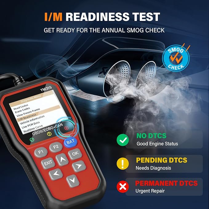 BluSon YM319 OBD2 Scanner Diagnostic Tool with Battery Tester, Check Engine Fault Code Reader with Live Data, Cloud Printing, DTC Lookup, Freeze Frame, Scan Tool for All OBDII Cars Since 1996, Red