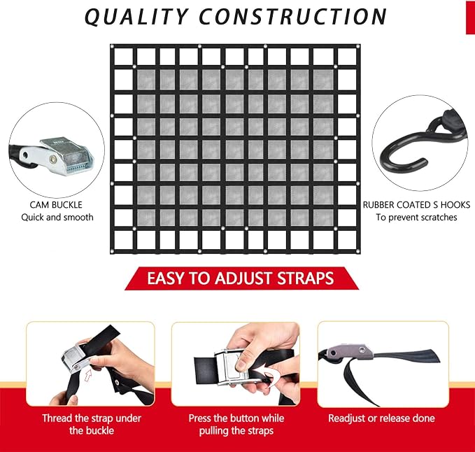 Surmountway Heavy Duty Cargo Net with Mesh (72" x 57"), 1100LBS Capacity, Adjustable Cam Buckles & S-Hooks for Trucks & Trailers