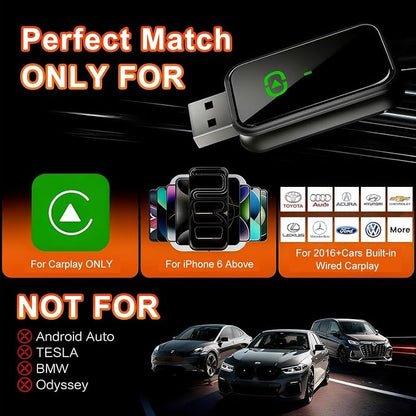 Wireless CarPlay Adapter for iPhone, Convert Wired to Wireless Dongle, 5.8GHz Fast Auto Connect, Compatible with Ford Toyota Honda Jeep Ram Chevy Nissan VW 2016-2025 Factory Wired Cars