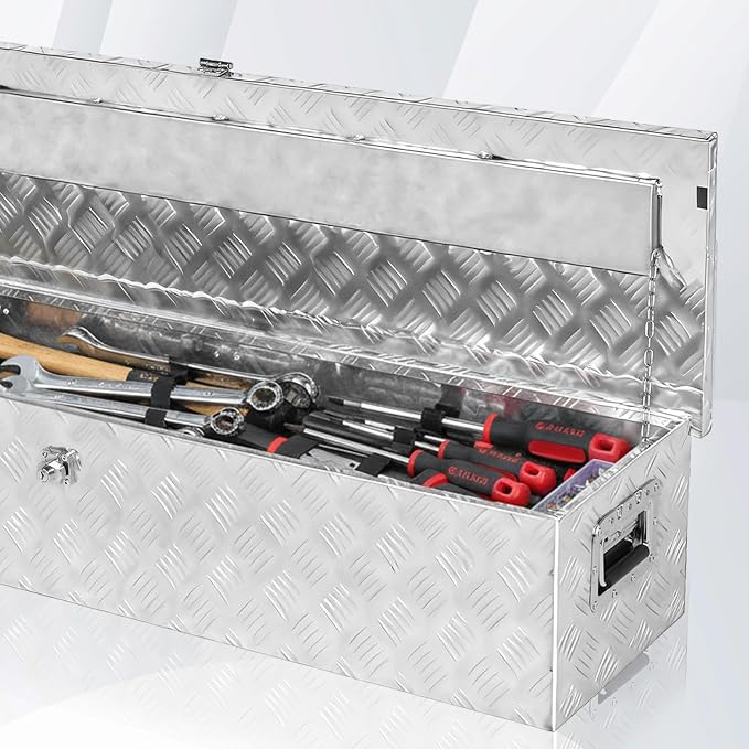 50 Inch Aluminum Truck Bed Tool Box, Pick Up RV Trailer Toolbox, Storage Lockable Organizer with Side Handle and Lock Keys, Silver