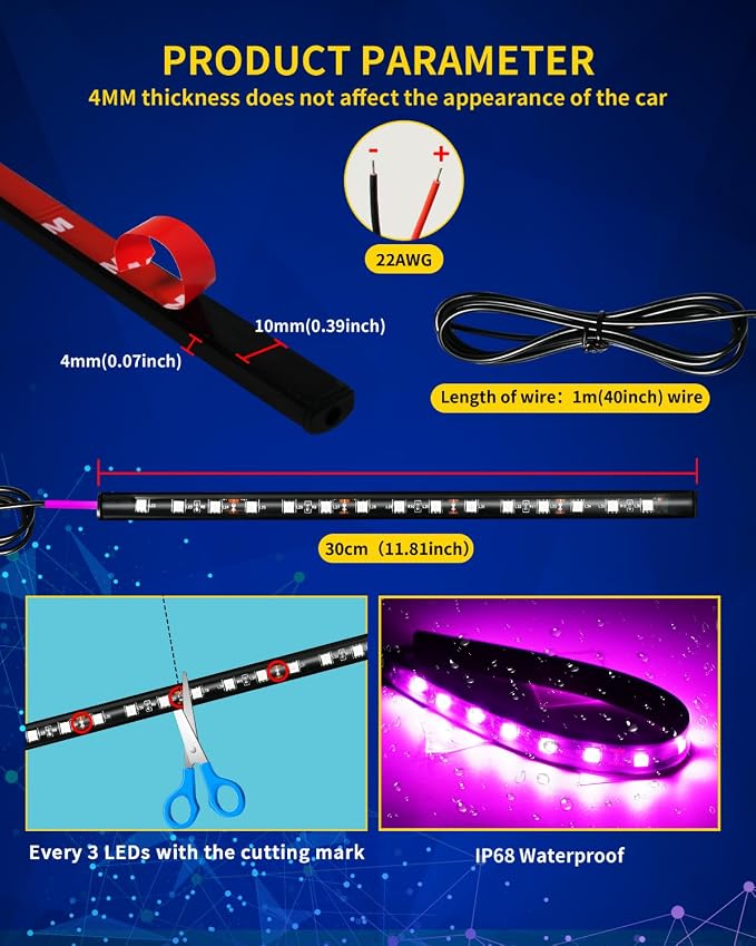 Car Led Light Strip,Pink Interior Lights for Trucks 30CM 15 SMD IP67 Waterproof Car Underglow Lights for Car Motorcycles Boat Golf Cart Home Decoration with 3M Tape