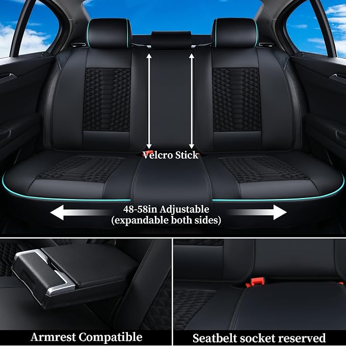 Coverado Car Seat Covers Full Set, 5 Seats Universal Seat Covers for Cars, Breathable Fabric Faux Leather Auto Seat Cushions, Front and Rear Seat Protectors Fit for Most Sedans SUV Truck, Black&Blue