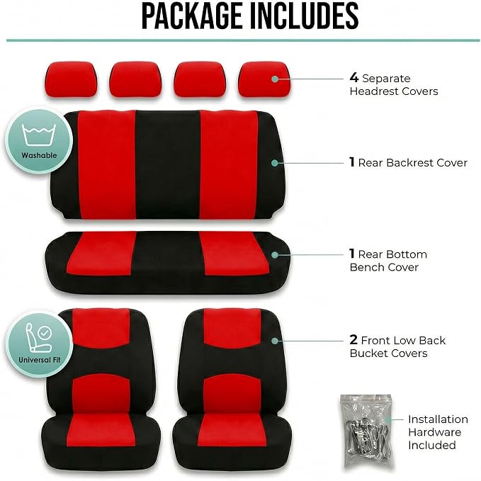 FH Group Bright Flat Cloth Full Set Automotive Seat Covers Front Set and Rear Solid Bench Red Black Seat Covers w. Gift Universal Fit Interior Accessories for Cars Trucks and SUVs