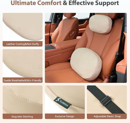 FLORICH Car Headrest and Lumbar Support Pillow for Car Office Chair, Double-Sided Skin-Friendly Suede & Leather Car Seat Pillow and Back Support, Pressure-Relieving Back Support for Car, Office Chair