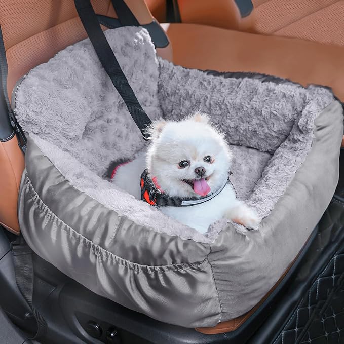 Oiilores Dog Car Seat for Small Dogs, Washable Pet Booster Seats with Clip-On Safety Leash, Comfy Deluxe Plush Carseat with Pockets, Puppy Car Travel Carrier Bed for Dogs Under 25 lbs, Light Grey