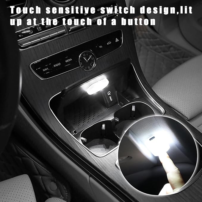 KVAEY 4 PCS Car LED Lights Interior Wireless, 7 Colors Magnetic Auto Ambient Light with 6 Bright LED Lamp Beads, Portable USB Rechargeable Vehicle Interior Led Night Light (White, Sticky, 4pcs)
