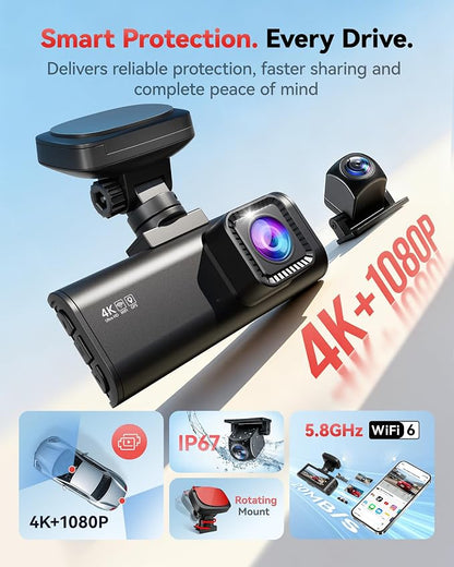 REDTIGER F7N-N 4K Front and Rear Dash Cam, 5.8GHz WiFi-20 MB/s Fast Transfer with APP, 2160P/FHD Car Dash Camera with Precise GPS, WDR, 3.18" Screen, Night Vision, 24H Parking Mode(No Card Included)