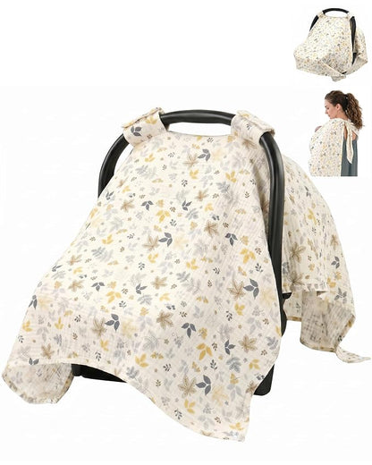 Metplus 100% Muslin Car Seat Cover Baby & Nursing Cover, Soft Breathable Infant Carseat Canopy for Summer, Stroller & Carrier Sunshade for Boys Girls (Leaves)