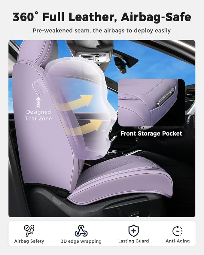 Huidasource Purple Front Seat Cover Luxury Nappa Leather, Front Car Seat Cover with Airbag, Front Storage Pocket, Lumbar Support, Cooling＆Heating, Universal Fit for Most Cars SUV Trucks, Purple