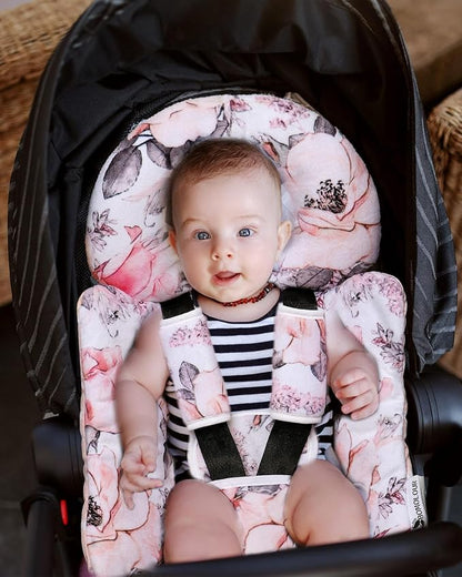 BOMOLOUR Infant Car Seat Insert, Enlarged Head Support for Baby Carseat, Reversible Newborn Insert with 3 Strap Covers, 2-in-1 Baby Car Seat Cushion for Stroller, Swing, Bouncer, Rocker - Pink Floral