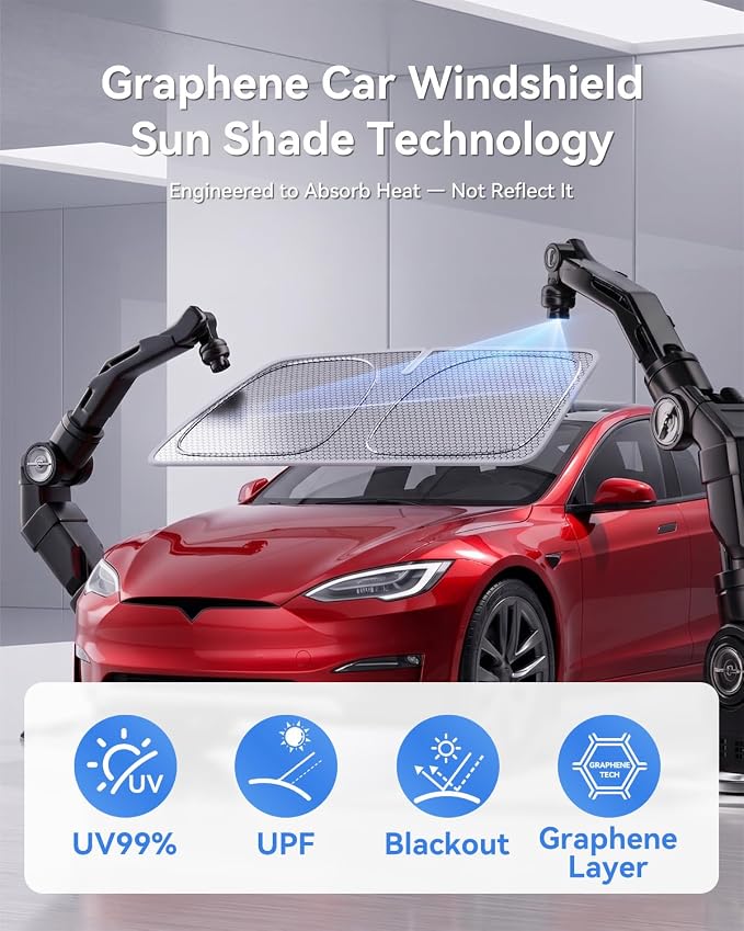 helloleiboo Windshield Sun Shade for Tesla Model S & Model X 2016-2026 Graphene Honeycomb Heat Shield with UV Protection Foldable Custom Fit Front Window Sunshade Silver 58" x 41"