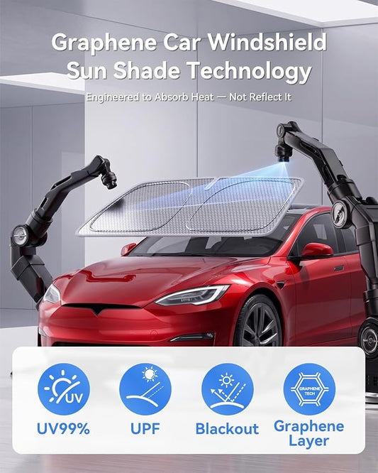helloleiboo Windshield Sun Shade for Tesla Model S & Model X 2016-2026 Graphene Honeycomb Heat Shield with UV Protection Foldable Custom Fit Front Window Sunshade Silver 58" x 41"