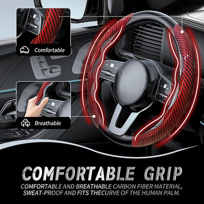 WOCOCN 2pcs Car Steering Wheel Cover,Anti-Skid Carbon Fiber Steering Wheel Protector for Men Women,Multiple Color Options,Universal for Most Car Interiors Accessories (Bright Red)