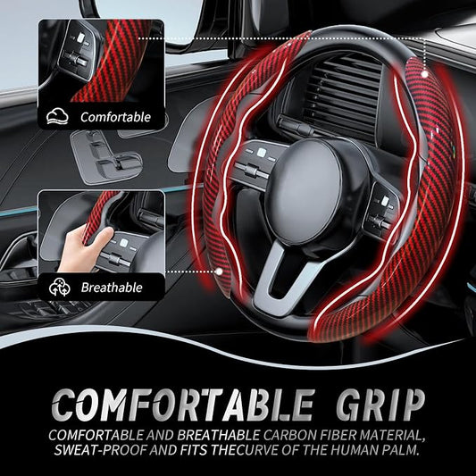 WOCOCN 2pcs Car Steering Wheel Cover,Anti-Skid Carbon Fiber Steering Wheel Protector for Men Women,Multiple Color Options,Universal for Most Car Interiors Accessories (Bright Red)
