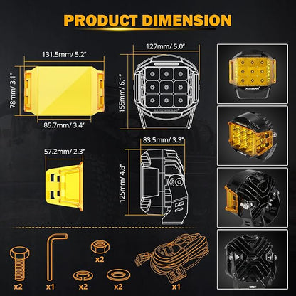 Auxbeam 5" 168W Round LED Offroad Light Pod with Amber DRL, V-MAX Series 16440LM Side Shooter LED Offroad with 270° Beam & Amber Covers, Auxiliary Driving Light for Truck ATV Jeep Ford