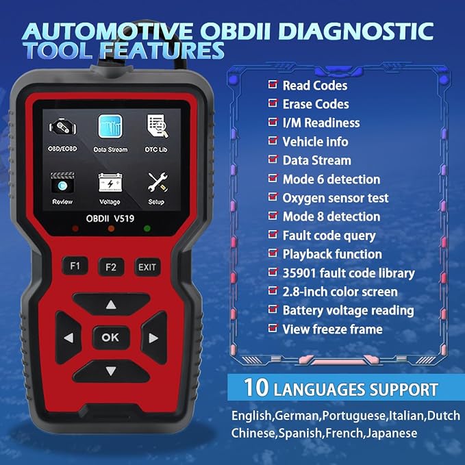 OBD2 Scanner Diagnostic Tool - Check Engine Light Code Reader, Reset Function, Data Stream, I/M Readiness, Full Features, Modes 6 & 8, for All 1996+ Vehicles