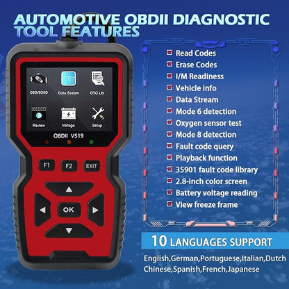 OBD2 Scanner Diagnostic Tool - Check Engine Light Code Reader, Reset Function, Data Stream, I/M Readiness, Full Features, Modes 6 & 8, for All 1996+ Vehicles