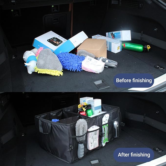 Trunk Organizer for Car Foldable Sturdy Style with 3 Compartments Holds Auto Accessories Tools Automotive Consoles and Organizers For Vehicle Trunk Storage (Black)