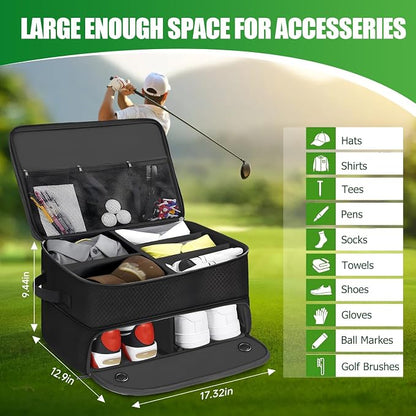 Golf Trunk Organizer 2 Layer with Separate Compartment for 2 Pair of Shoes, Golf Bag Storage for Car, Waterproof,Trunk Locker for Balls, Tees,Gloves