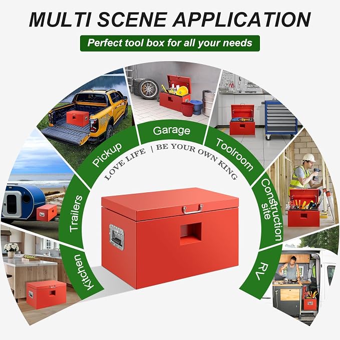 24" Truck Tool Box,Heacy Duty Metal Storage Organizer with Strong locking tongue,Trailer Tongue Box with Safe Hinge, for Truck,Pickup,RV,Garage,Best gift for family and friend,Red Power Coating