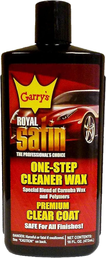 Experience Brilliance and Protection with Garry's Royal Satin One Step Automotive Cleaner Wax - Restores Shine, Removes Oxidation, Carnauba/Hydro-Polymers Formula - 16 Oz Liquid