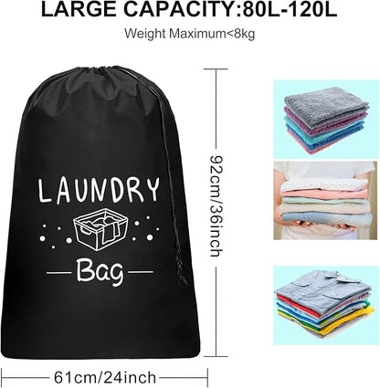 Sylfairy 2 Pack Extra Large Travel Laundry Bag, Dirty Clothes Organizer with Drawstring,Heavy Duty Travel Laundry Bags,Easy Fit a Laundry Hamper Travel Essentials (Black+Grey, 24" x 36")