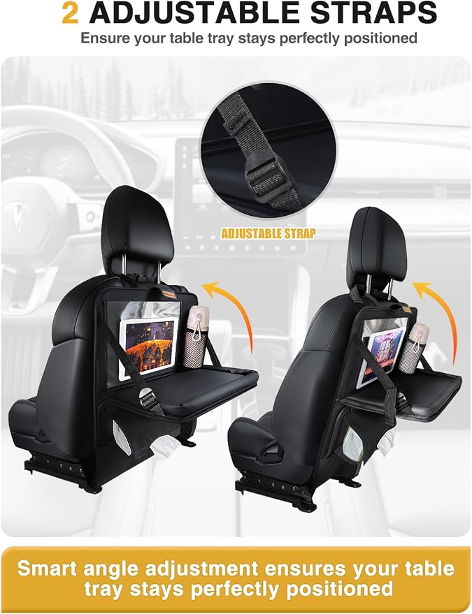 2-Pack Leather Car Backseat Organizer with Tablet Holder–Foldable Food Tray,Storage Pockets,Trash Can,Tissue Holder & Insulated Bag–Kick Mats Protector for Kids,Travel Accessories Organizer