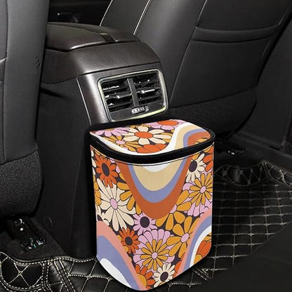 Abstract Groovy Hippie Daisy 70S 80S Wavy Swirl Pattern Car Trash Can with Lid and Zipper Portable Garbage Can Bags Vehicle Decorations for Women Trash Bin Hanging Back of Seat,Multicolor