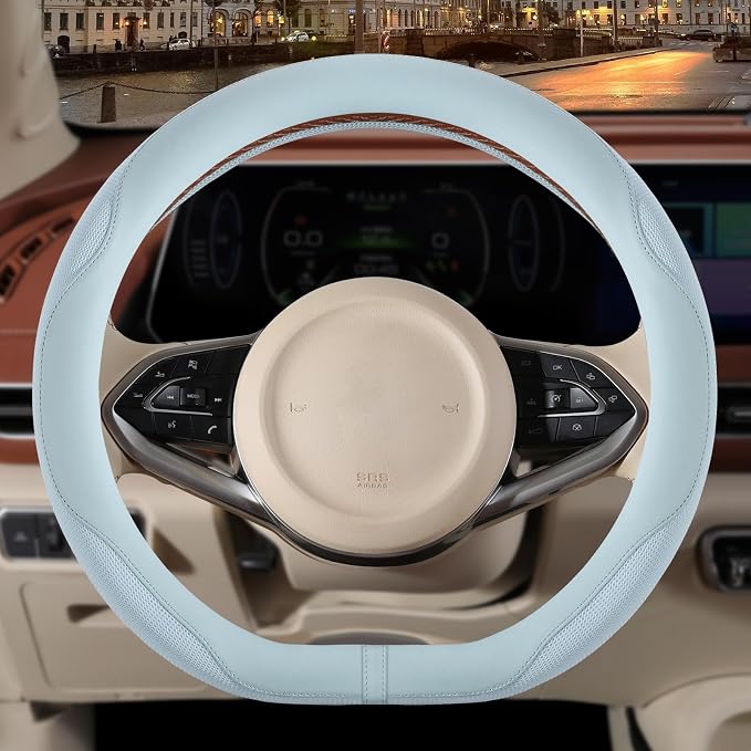 14 inch D Shaped Steering Wheel Cover for Prius Civic, Nappa Microfiber Leather Non-Slip Breathable Fabric, Warm in Winter and Cool in Summer, Blue Small 13.5 inch to 14 inch