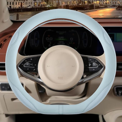 14 inch D Shaped Steering Wheel Cover for Prius Civic, Nappa Microfiber Leather Non-Slip Breathable Fabric, Warm in Winter and Cool in Summer, Blue Small 13.5 inch to 14 inch
