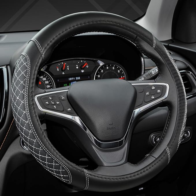 West Llama Customized Auto Car Steering Wheel Cover for Toyota Rav4 Corolla Camry Highlander (Diamond Quilted-Black+Gray-Standard Size)