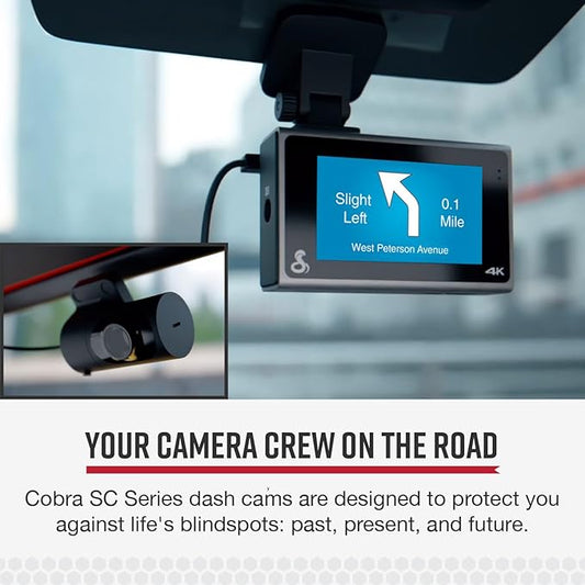 Cobra Smart Dash Cam + Rear Cam (SC 400D) – UHD 4K Resolution, 3-Camera Capable, Live Police Alerts, Emergency Mayday, Drive Smarter App, 3" Touchscreen, Wi-Fi & GPS, 32GB SD Card Incl