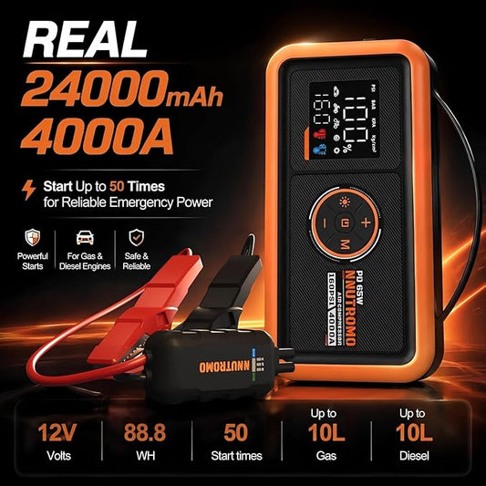 4000A Car Battery Jump Starter with 160PSI Air Compressor & 65W Fast Charger, 24,000mAh 88.8Wh Portable Jump Box (10.0L Gas/10.0L Diesel), 12V Car Battery Booster with Tire Inflator-Vibrant Orange