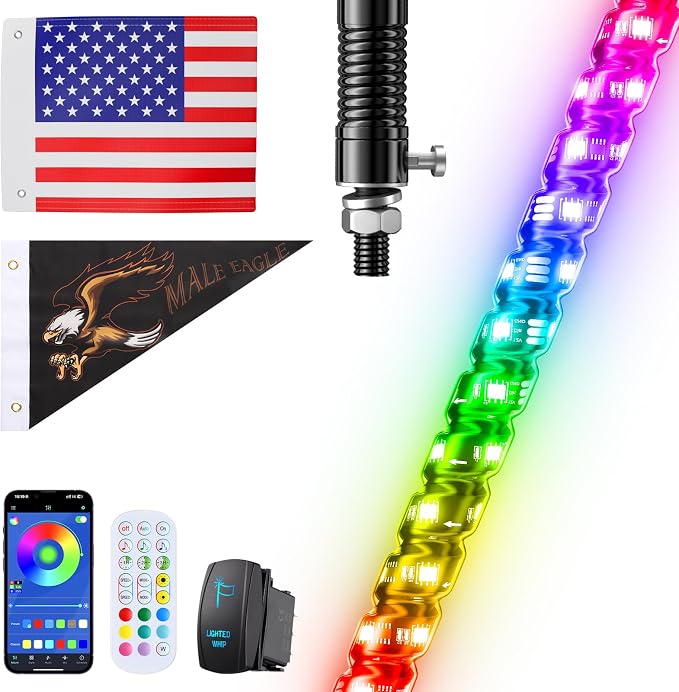 Ehaho 1 PC 1FT Whip Lights with Spring Base, APP & Remote Control Led Whip Lights for Side by Side, Spiral RGB Chasing Lighted Whips with Rocker Switch, Music Led Whips for UTV ATV RZR SXS Can-Am