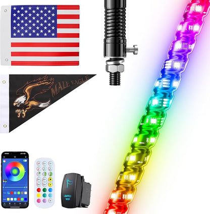 Ehaho 1 PC 1FT Whip Lights with Spring Base, APP & Remote Control Led Whip Lights for Side by Side, Spiral RGB Chasing Lighted Whips with Rocker Switch, Music Led Whips for UTV ATV RZR SXS Can-Am
