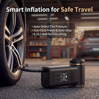 5-in-1 Portable Tire Inflator and Car Vacuum Cordless, 150PSI Smart Air Compressor with Auto Shut-Off, Powerful Suction Handheld Vacuum for Pet Hair, Blower Function, LED Light