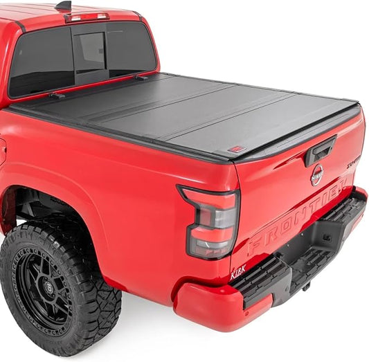 Rough Country Hard Tri-Fold Flip Up Truck Bed Tonneau Cover for Nissan Frontier (2022-2025) - Fits 5' (58.9-59.5") Bed, All-Weather, Flush Aluminum Panels
