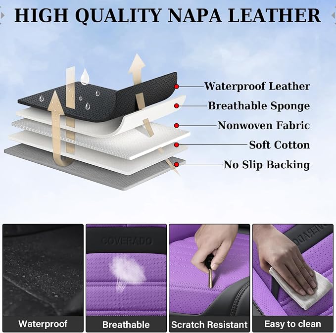Coverado Car Seat Covers Full Set, Seat Covers for Cars, Automotive Seat Covers, Waterproof Nappa Leather Front Seats and Back Car Seat Protector, Universal Fit for Most Cars SUV Trucks,Black&Purpe