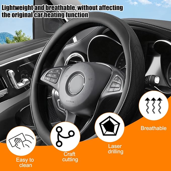 Zpana Car Steering Wheel Cover, 14.5-15" Breathable Soft Leather Vehicle Steering Wheel Protector with Anti-Slip Lining, Comfortable Auto Interior Decoration Accessories, Universal Fit (Black)