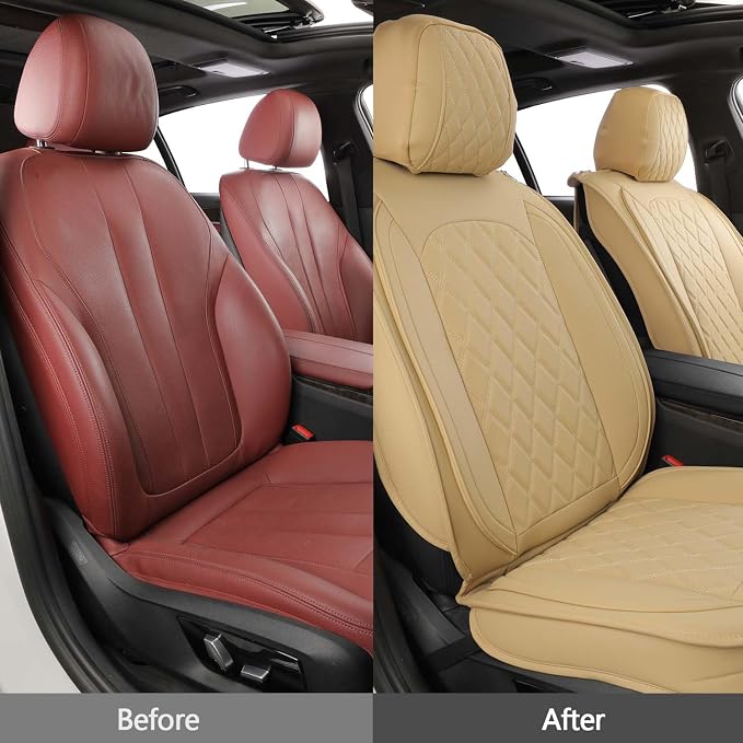MIROZO Front Seat Covers,Leather Car Seat Covers Breathable Automotive Seat Covers Car Seat Protector Vehicle Seat Cushion for Sedan, Truck and SUV (2PCS Front, Beige)