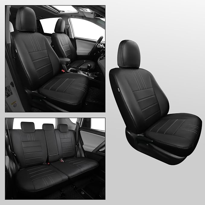FREESOO RAV4 Seat Covers Full Set Custom Fit for Toyota Rav4 Gasoline LE (NOT for Hybrid) 2013 2014 2015 2016 2017 2018, Faux Leather Car Seat Cover, Airbag Compatible, Black
