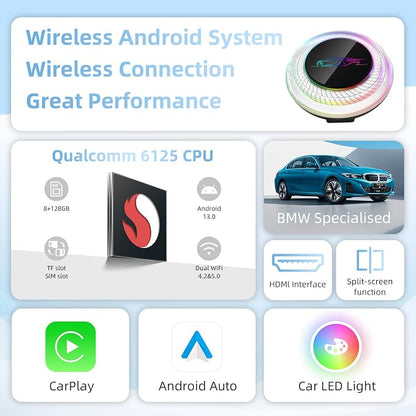 [8G+128G] Carplay Ai Box for BMW/Porsche/Other Cars,Fast Car Video Box Android 13 System Adapter Magic Portable Head Unit,Support Voice Assistant/SIM&TF Card/Online Netflix/YouTube/Disney+/Hulu/GPS/
