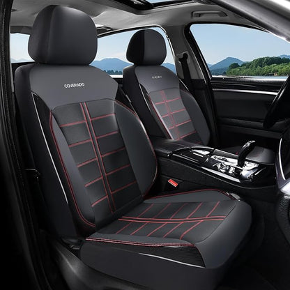 Coverado Front Seat Leather Covers, Full Leather Construction with Carbon Fibre Weave, Universal Fit for Most Cars SUV Trucks (Redline)