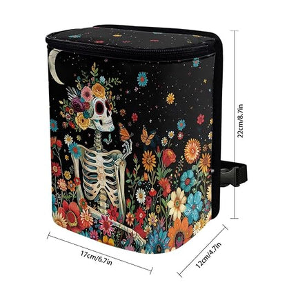 Skull Colorful Flowers Starry Night Pattern Car Trash Can Leakproof Garbage Bag with Lid and Zipper 1.2Gal Trash Bin Hanging for Back Seat Halloween Car Decor