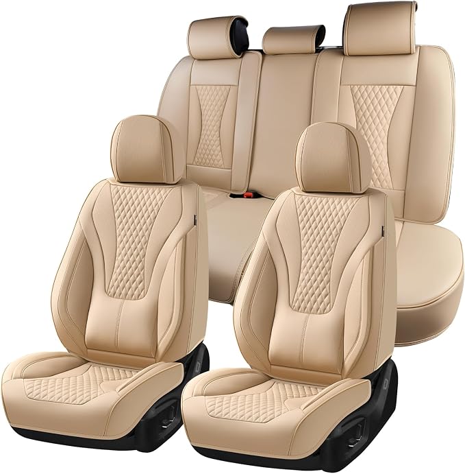 Coverado Waterproof Nappa Leather Car Seat Covers, Automotive Fullset Seat Covers, 5 Seat Car Seat Cushion & Car Seat Protector, Beige Front and Rear Covers Universal Fit for Most Cars, SUVs, Trucks