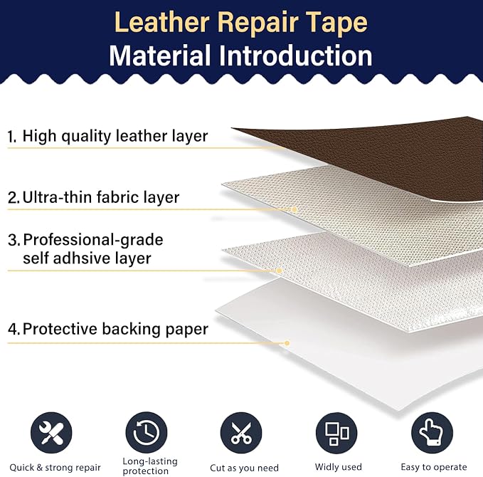 Zenyao Leather Repair Patch Tape - Self Adhesive Leather Repair Kit for Car Seat Furniture, Heavy Duty Vinyl Repair Patch for Couch Sofa, Waterproof for Rips Scratches Tears, 3x60 Inch Roll, Brown