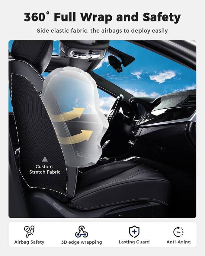 Huidasource Seat Covers, Luxury Faux Leather Car Seat Cover, Velcro Adjustable, with Airbags, Seat Belts, Thinning Design Perforation Cooling Heating Universal Fit for Most Cars Vans Trucks SUVs Black