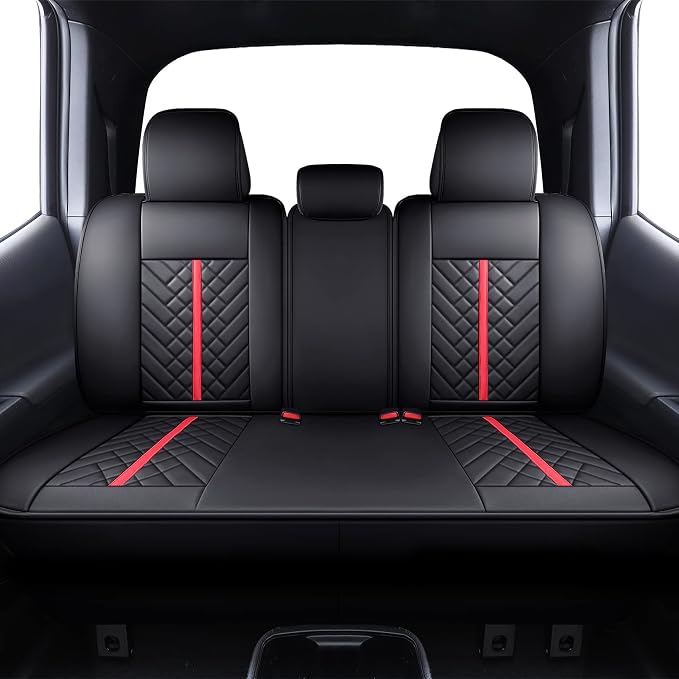 Tomatoman Tacoma Rear Seat Covers Compatible with Toyota Tacoma 2005-2025 2026 TRD Sport OffRoad Limited SR5 V6 Crew Double Extended Cab Truck Waterproof Leather Back Car Cushions(Rear Seat/Black-Red)